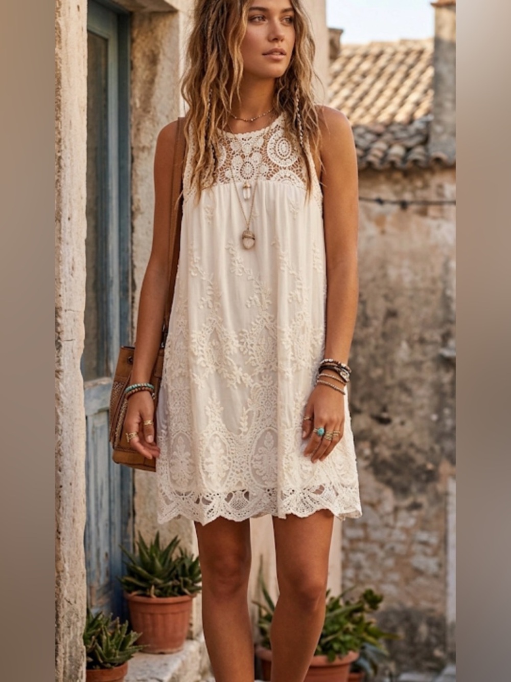 Blue Pepper Womens Minidress S Elegant Cream Lace BOHEMBELL Boho Beachy Neutral